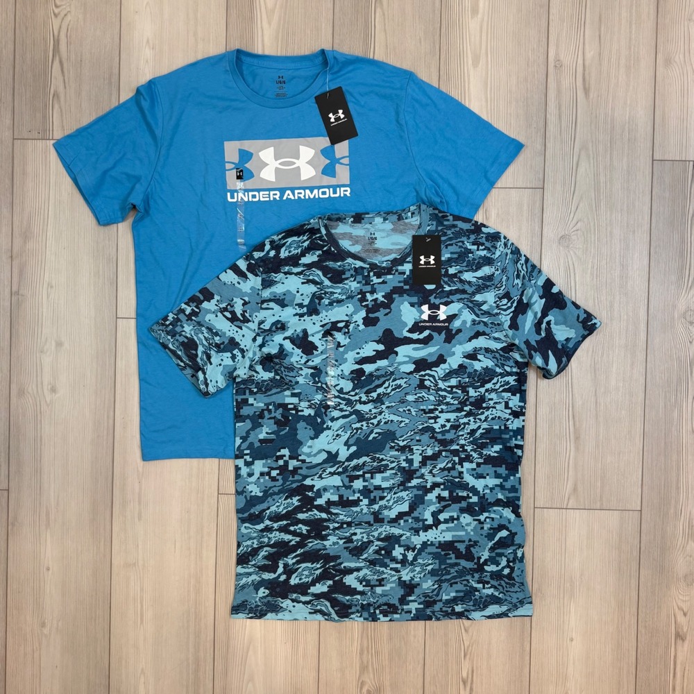 Lot 2 NWT Under Armour Mens T-Shirt Bundle Size Large Blue Box Logo Digital Camo